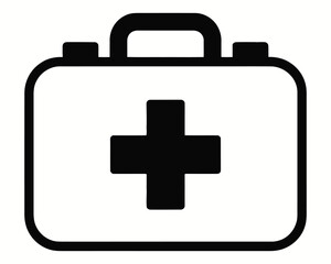 Obraz premium Simple black and white medical first aid kit icon for emergency care and health services