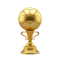Golden trophy cup beside soccer ball, championship awards for football tournament winners, isolated on a transparent background