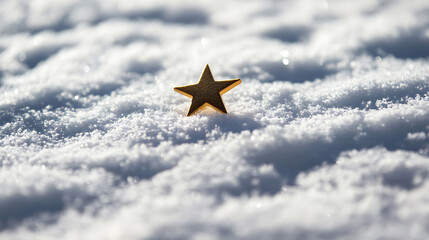 A solitary golden star rests upon a bed of sparkling white snow. The contrast creates a striking visual, symbolizing hope and magic in the winter landscape.