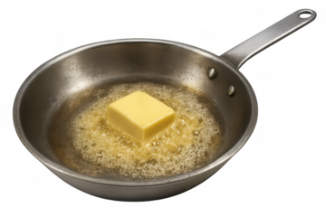 Butter block melting in a hot pan, preparing cooking oil for frying food on isolated transparent background