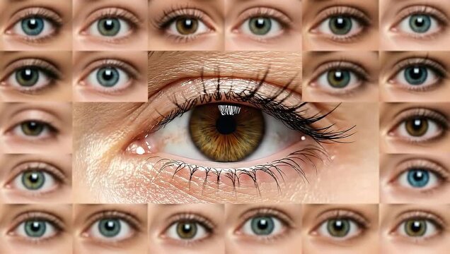 Eyes of different colors and shapes in a collage of faces.