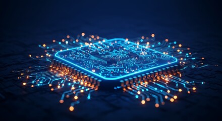Closeup of a glowing blue computer processor chip with intricate circuits and orange lights, representing technology and data