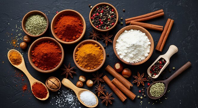 Variety of colorful spices and seasonings for cooking on dark surface - Powered by Adobe