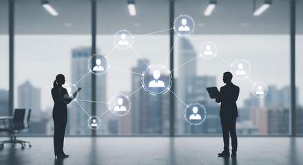 Silhouettes of two business people in a modern office, connecting through a digital network of user icons against a cityscape