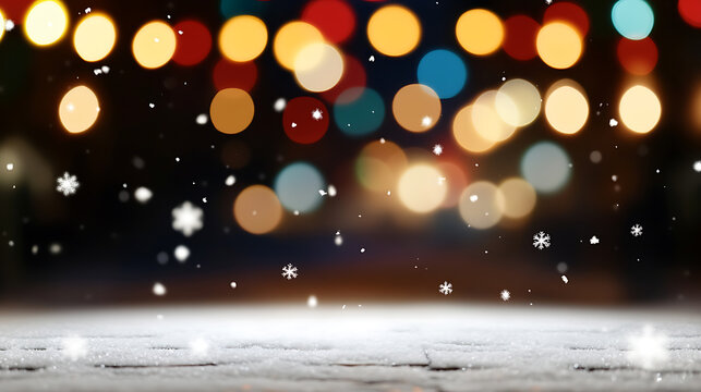 Snow-covered surface with defocused, colorful lights shining in the background as snowflakes fall, evoking a festive holiday spirit. Magical winter atmosphere.