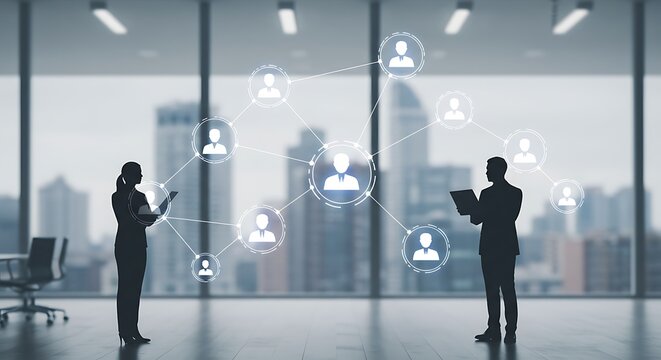 Silhouettes of two business people in a modern office, connecting through a digital network of user icons against a cityscape