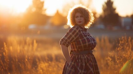 Golden hour glow on woman with curly hair enjoying nature's beauty in stylish plaid dress, perfect for autumn adventure and carefree lifestyle
