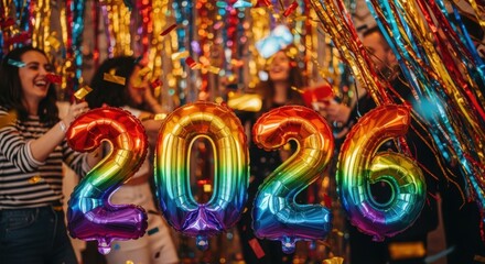Fototapeta premium Friends Celebrate New Year with Colorful Balloons and Streamers