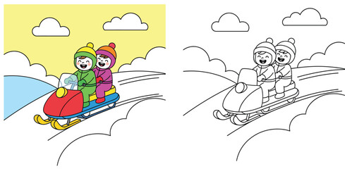 Coloring book page for kids with color reference. Two happy children riding a snowmobile in winter landscape. Cute cartoon character vector illustration for educational activity.
