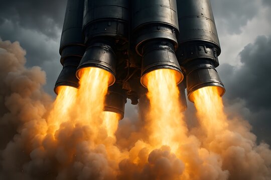 Powerful Rocket Engines Igniting with Flames and Smoke During Launch, Space Exploration and Aerospace Technology Concept