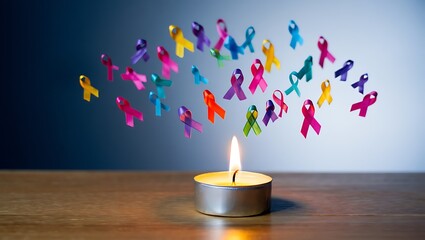 World cancer day, February 4. Colorful ribbons for supporting people living and illness. Healthcare, fighting, medical and National Cancer Survival day, Autism awareness day concept with candle.