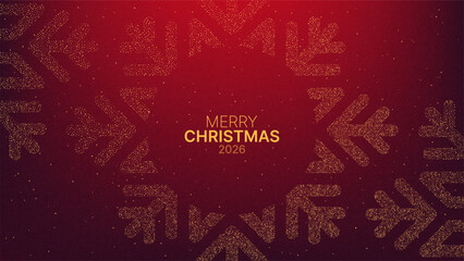 Red background with Merry Christmas 2026 text and glittering golden snowflake design. Festive seasonal greeting for holiday celebration concept.