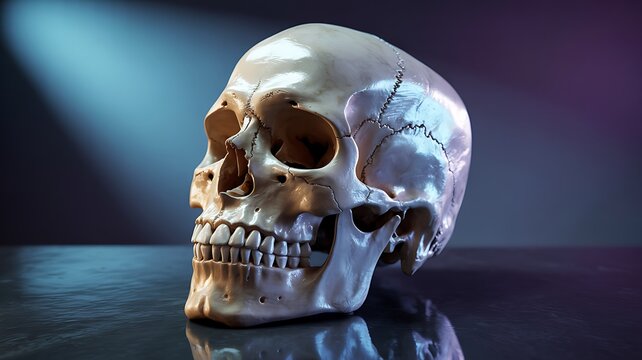 Human skull model showing detailed anatomy under dramatic light