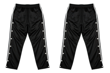 Front and back view of black athletic pants with side snap buttons isolated with transparent background