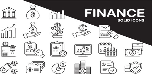 Financial Management Solid Icons: Banking, Investment, Tax, Business Growth, and Accounting Line and Solid Vector Graphics
