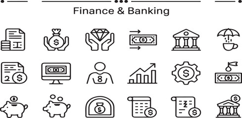Comprehensive Finance & Banking Outline Icons: Money Management, Investment, Currency Exchange, and Accounting Vector Set