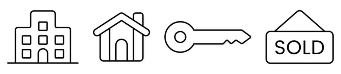Real Estate Vector Icons – House, Building, Key & Sold Sign Line Icon Set