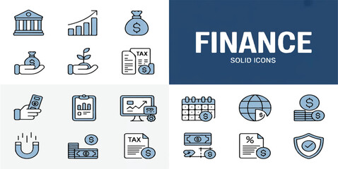 Modern Finance & Investment Solid Icon Set: Banking, Money, Tax, Financial Growth, and Business Management Vector Graphics