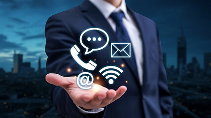 Businessman holding communication icons symbolizing connections and outreach in modern digital era representing technology