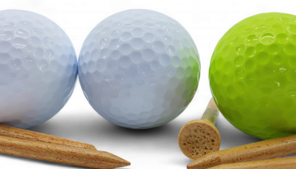 Neon Yellow and White Golf Balls on Maple Tees. Hyper-Realistic 3D Sports and Game Equipment. Elegant Dimpled Golf Ball Icons.