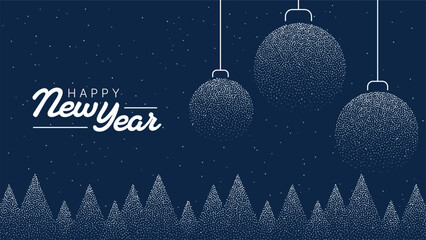 Happy New Year festive banner with hanging christmas ornament and winter tree line on a starry night background for holiday greeting card