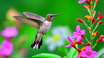 Naklejka premium hummingbird in flight, likely a male Broad-tailed Hummingbird or a Ruby-throated Hummingbird, hovering near vibrant flowers. 