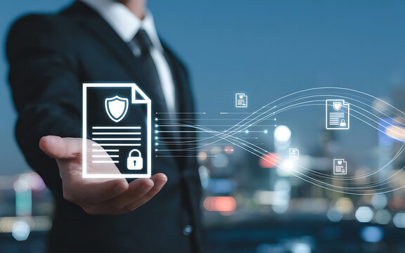 Data Protection Concept with Businessman Holding Secure Document Illustration over Cityscape Scenery - Powered by Adobe