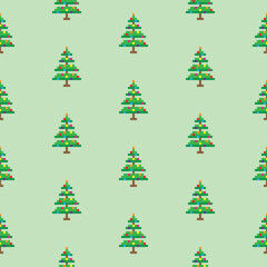 pixel christmas tree Seamless Pattern vector winter background pixel art for 8 bit game