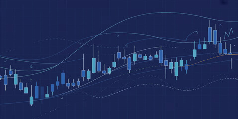  Dark Blue Financial Candlestick Chart Background: Stock Market, Forex Trading Data, and Business Investment Analysis Template
