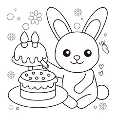 bunny baking a cake with frosting and sprinkles coloring page