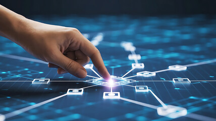 Finger touching digital network interface future technology concept with glowing connections and blue background innovative approach