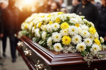 Coffin farewell with sunlit funeral flowers