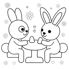 bunny playing chess at table with another bunny coloring page