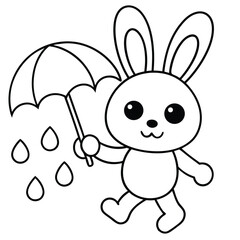 bunny playing in rain with umbrella coloring page
