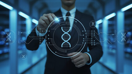 Futuristic DNA interface with business person in suit manipulating technology concept design