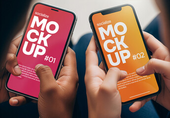 Closeup mockup of two smartphone screens held by two teens
