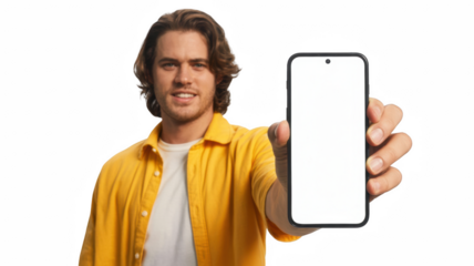 Smiling man holding up a smartphone with a blank white screen showcasing app or website design isolated on white