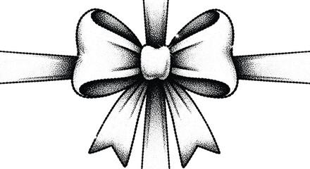 Vector illustration of a gift ribbon bow in stippling style, black and white dot work design for present decoration, isolated on white