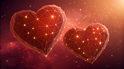 Two low poly red hearts connected by glowing dots floating in a starry nebula background for Valentines Day or love concepts