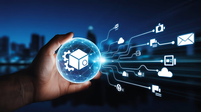 Hand holding digital sphere displaying data network and cloud computing connections for modern technology solutions