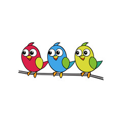 Three adorable cartoon birds sitting together on a branch silhouette isolated on white background