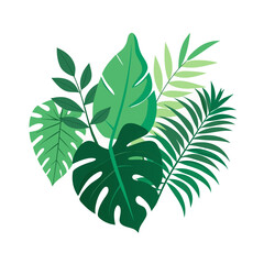 A vibrant collection of tropical plant leaves in various shades of green forming a silhouette isolated on white background