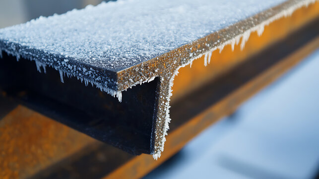 A frosty I-beam glistens, kissed by winter's breath. Icicles cling to its edges, a testament to the cold's artistry. The metal's texture contrasts with the ice.