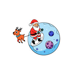 Cartoon santa claus riding a snowboard on the moon with a reindeer pulling him silhouette isolated on white background