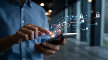 Man using smartphone for data protection and secure connection with padlock icons online