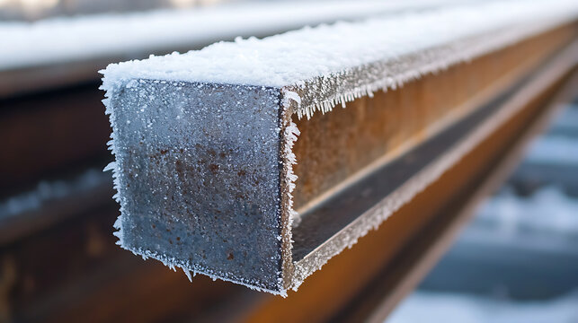 Icy metal beam. The structure is covered in frost and ice crystals. The harsh weather has transformed the beam into a winter sculpture. The metal glistens under the cold air. - Powered by Adobe
