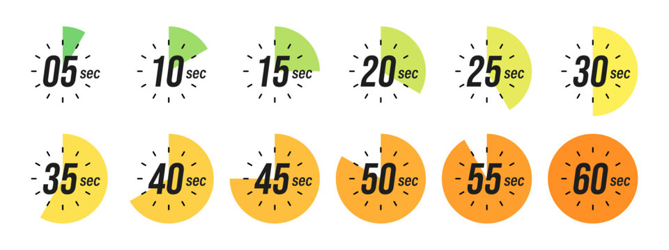 Second Timer, clock, stopwatch, Countdown timer, cooking time icon set. 5, 10, 15, 20, 25, 30, 35, 40, 45, 50, 55, 60 second dial. Colorful isolated set, symbol. Vector illustration
