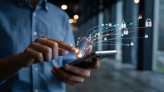 Man using smartphone for data protection and secure connection with padlock icons online