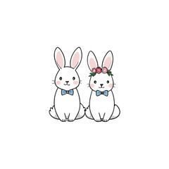 Cute white bunny couple with bow ties and floral crown silhouette isolated on white background