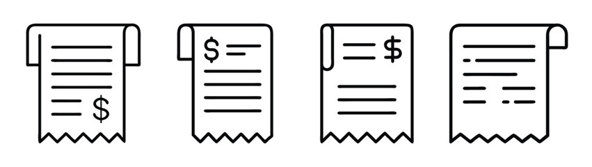 Receipt paper roll vector icon set, financial document, bill, invoice, sales receipt, total 